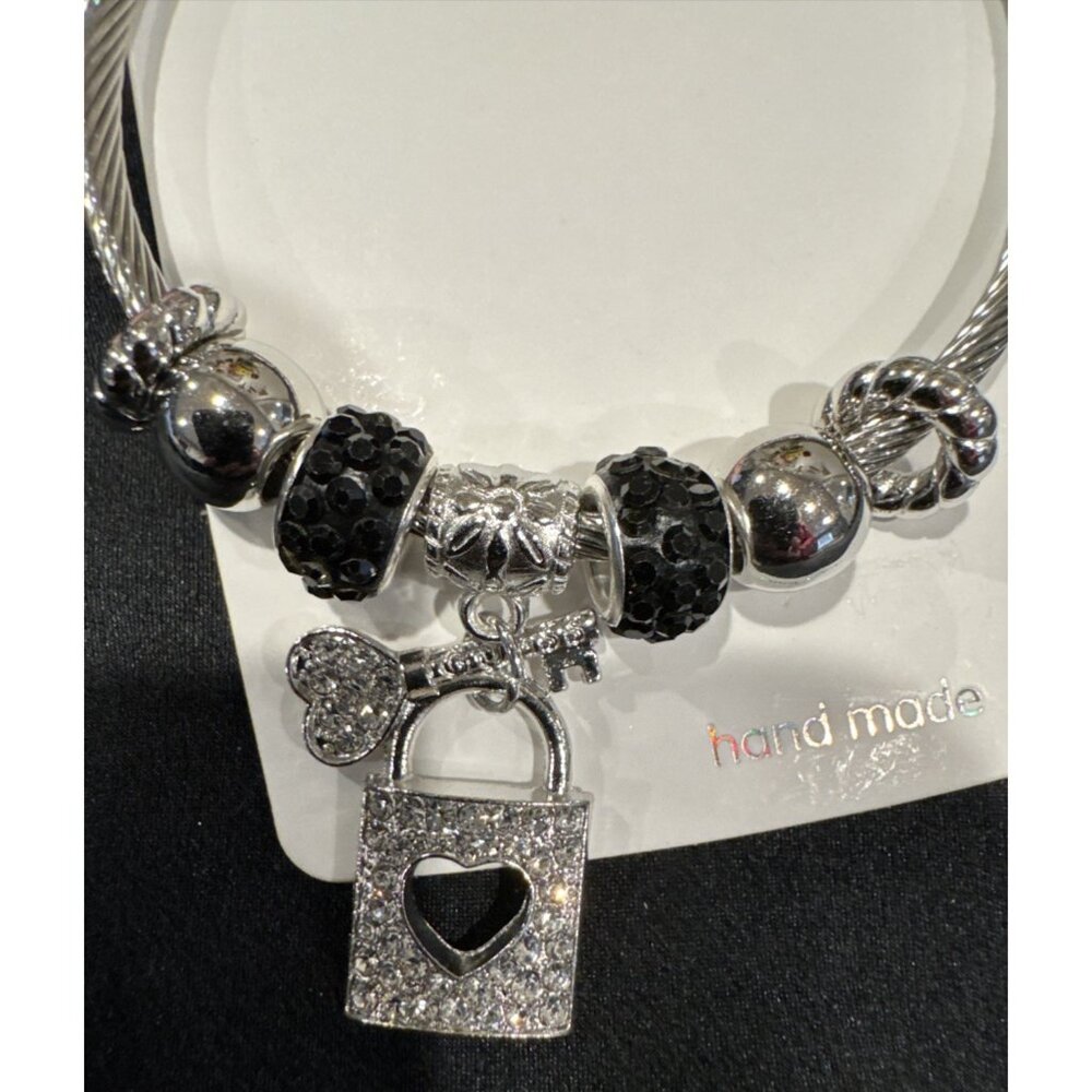 Mint Stainless Steel Heart PadLock Crystals Charm Silvertone Bangle Bracelet NEW - Picture 4 of 8